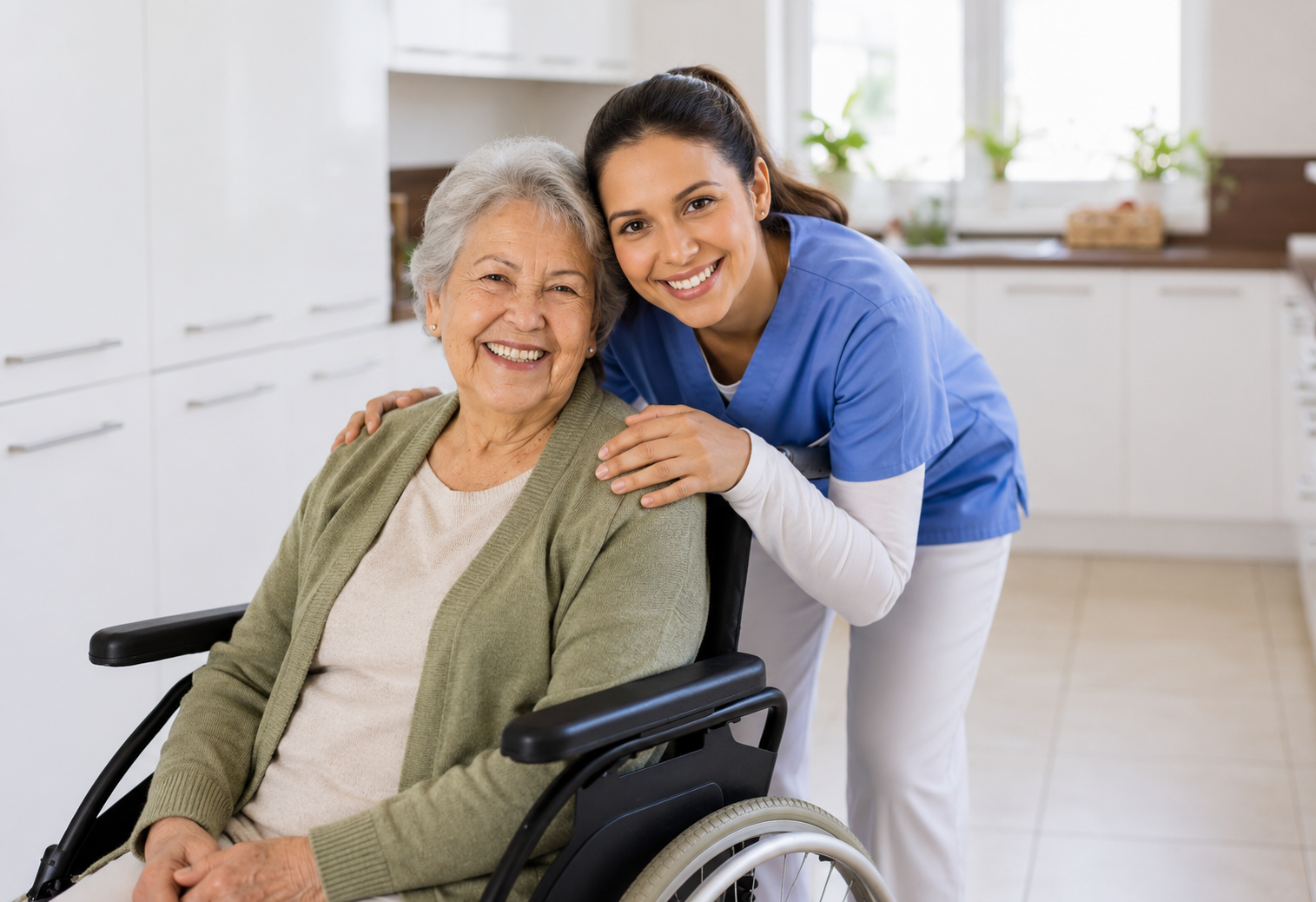 Professional caregiver providing compassionate home care assistance to a smiling senior at home.